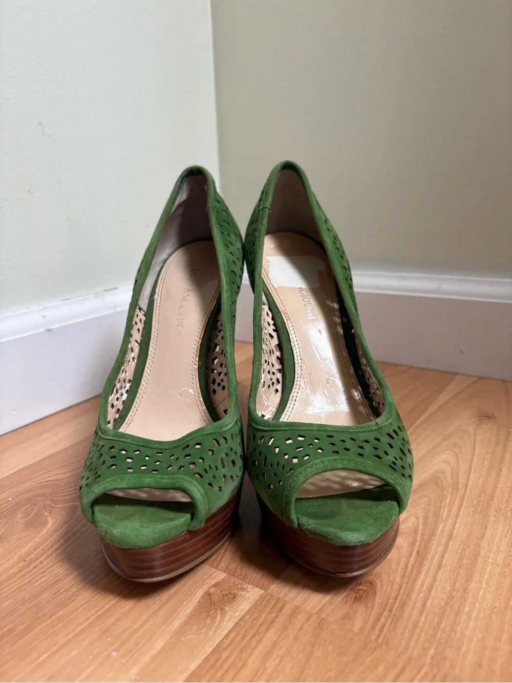Enzo Angiolini Green Suede Laser-Cut Peep-Toe Heels
